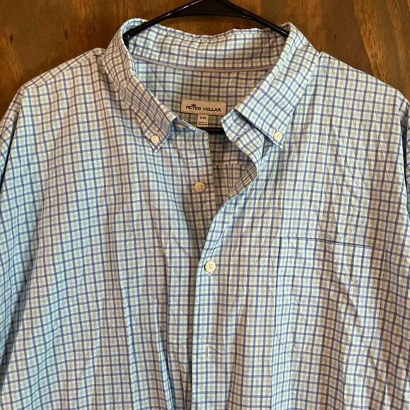Peter Millar Mens Shirt Blue White Plaid Button Down Long Sleeve Stretch XXL - Picture 2 of 12